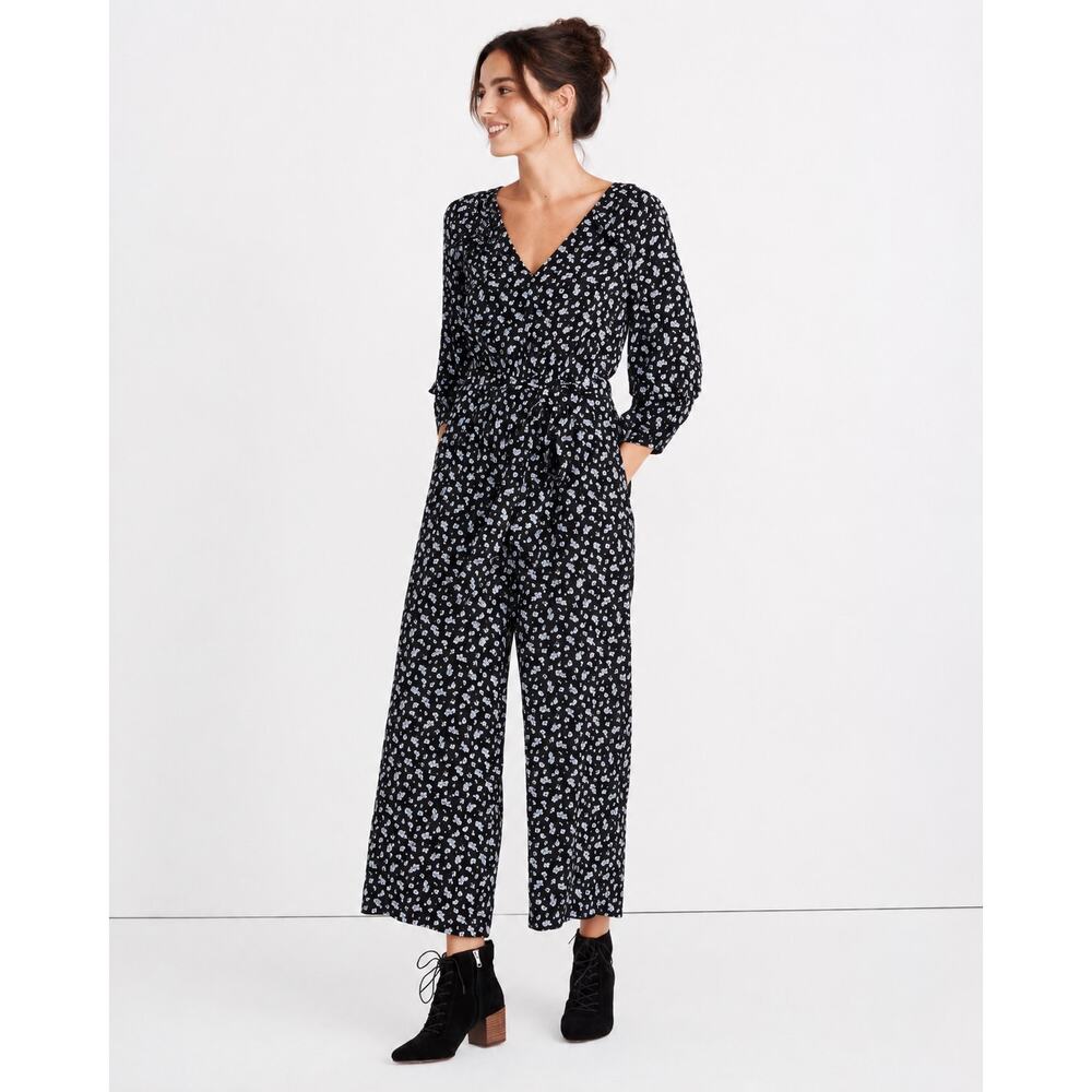 Madewell Baby’s Breath Black Floral Tie Waist Jumpsuit Ruffle Sleeve Size Small
